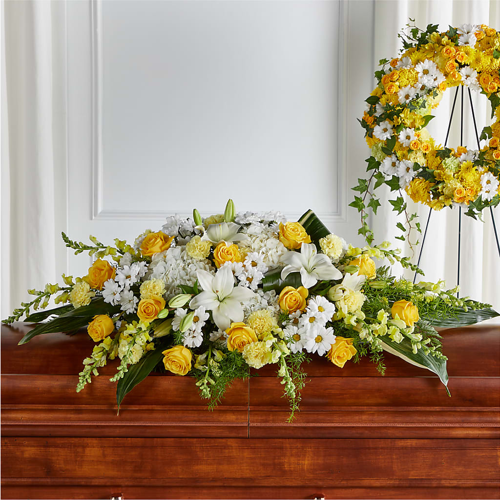 Golden Harmony Casket Spray – The Flower Garden, Nettleton MS