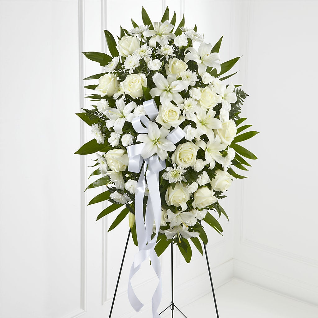 Exquisite Tribute Standing Spray-White Ribbon – The Flower Garden, Nettleton MS